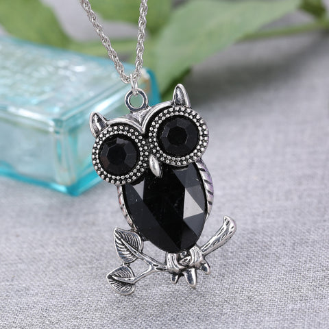 Vintage Black Crystal Owl Necklace