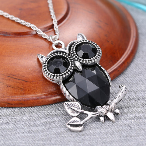 Vintage Black Crystal Owl Necklace