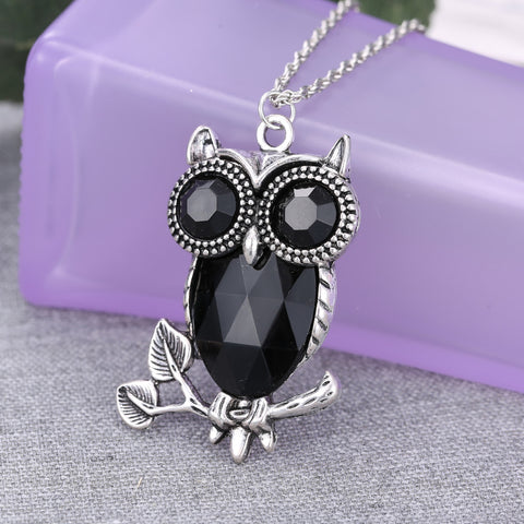 Vintage Black Crystal Owl Necklace