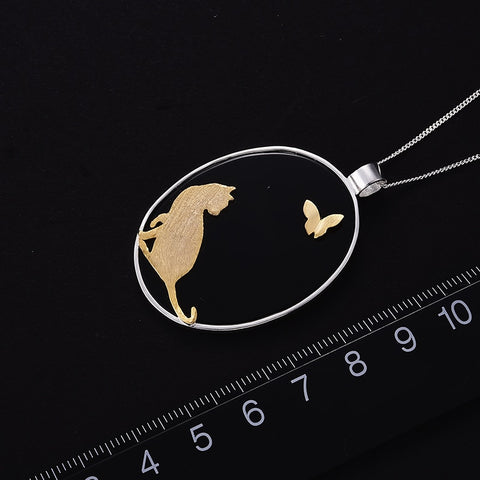 Natural Agate Handmade Cat And Butterfly Pendant