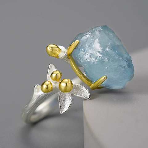 Aquamarine Flower Adjustable Ring