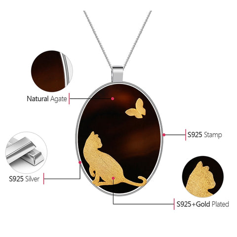 Natural Agate Handmade Cat And Butterfly Pendant