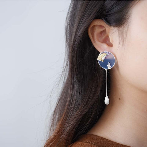 Gemstone Underwater World Whale Asymmetrical Long Drop Earrings