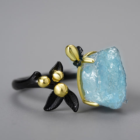 Aquamarine Flower Adjustable Ring