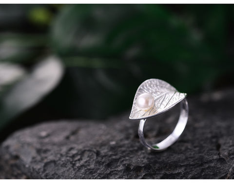 Water drop on a Leaf Sterling Silver Ring