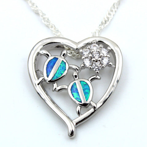 Blue Opal Heart With Turtles Necklace