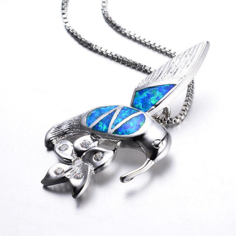 Fire Blue Opal Bird Necklace