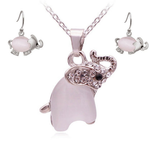 Cute Opal Elephant Necklace and Earrings Set (2 Color Styles)