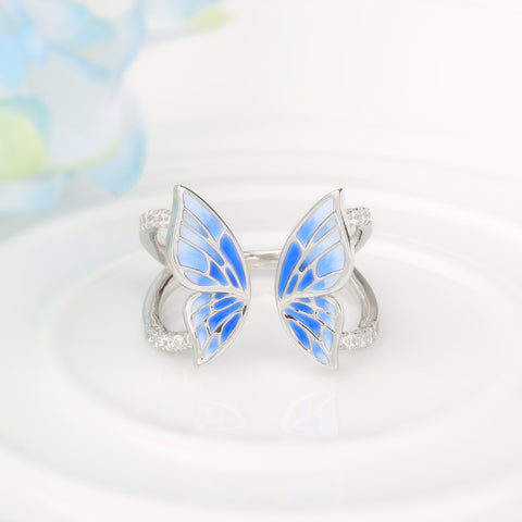 Flying Blue Butterfly Silver Ring
