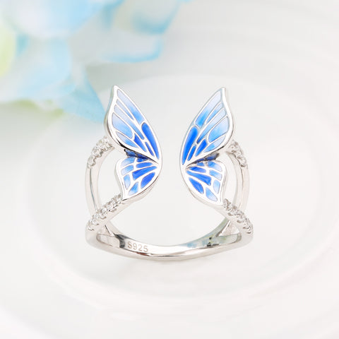 Flying Blue Butterfly Silver Ring