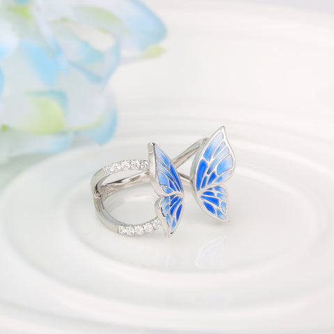 Flying Blue Butterfly Silver Ring