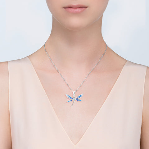 Flying Blue Dragonfly Silver Necklace