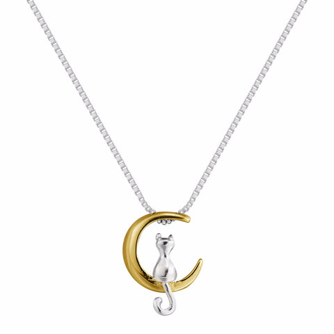 925 Sterling Silver Lovely Cat On the Gold Moon