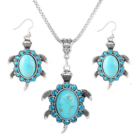 Turquoise Rhinestone Turtle Necklace And Earrings Set