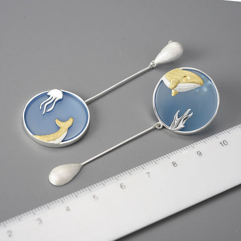 Gemstone Underwater World Whale Asymmetrical Long Drop Earrings