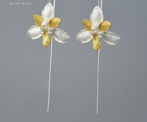 925 Sterling Silver Long Flower Earrings