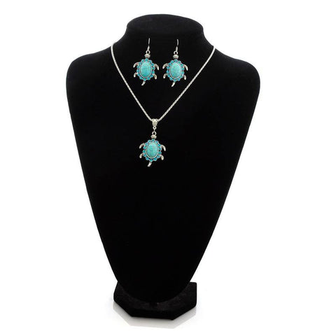 Jewelry Set - Turquoise Rhinestone Turtle Necklace And Earrings Set