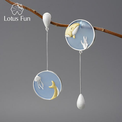 Gemstone Underwater World Whale Asymmetrical Long Drop Earrings
