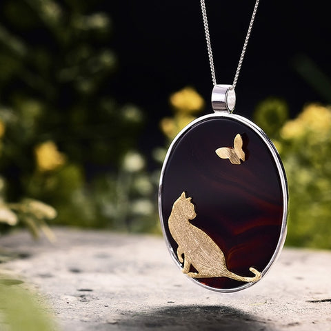 Natural Agate Handmade Cat And Butterfly Pendant