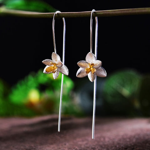 925 Sterling Silver Long Flower Earrings