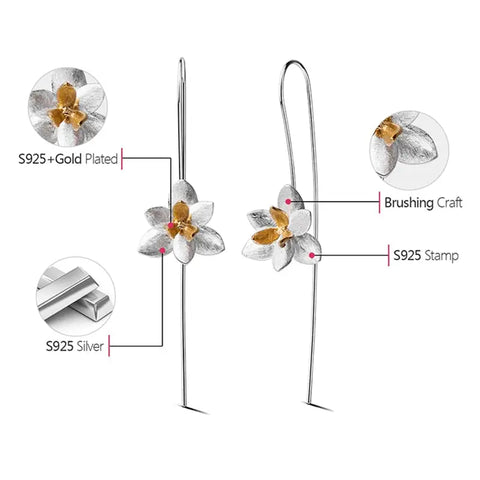 925 Sterling Silver Long Flower Earrings