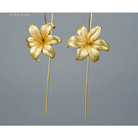 925 Sterling Silver Long Flower Earrings