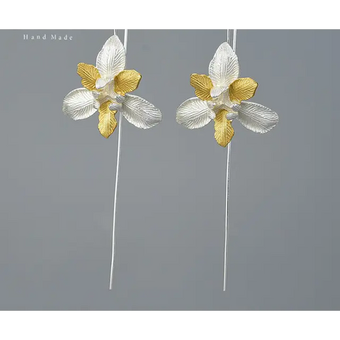 925 Sterling Silver Long Flower Earrings