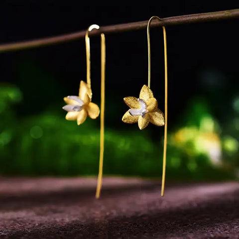 925 Sterling Silver Long Flower Earrings