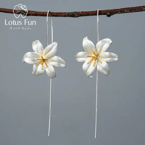 925 Sterling Silver Long Flower Earrings