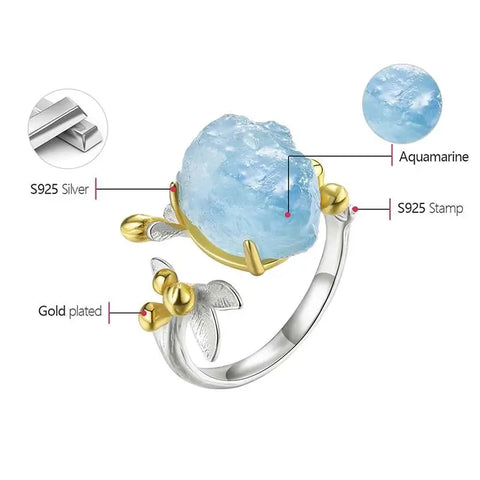 Aquamarine Flower Adjustable Ring