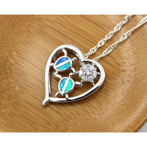 Blue Opal Heart With Turtles Necklace