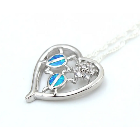 Blue Opal Heart With Turtles Necklace