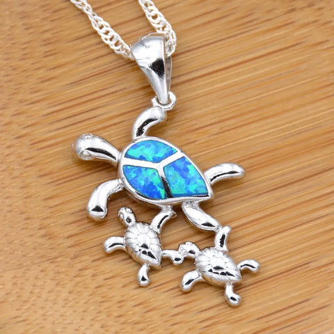 Blue Opal Turtle Family Necklace