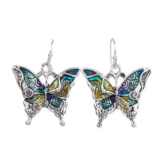 Silver butterfly earrings with teal, green, purple enameled wings