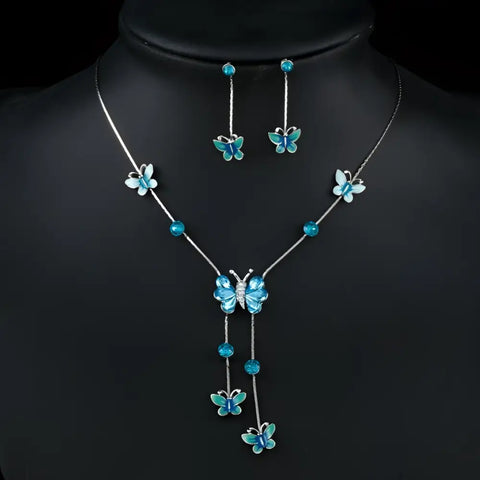 Butterfly necklace & earrings set with turquoise enamel butterflies