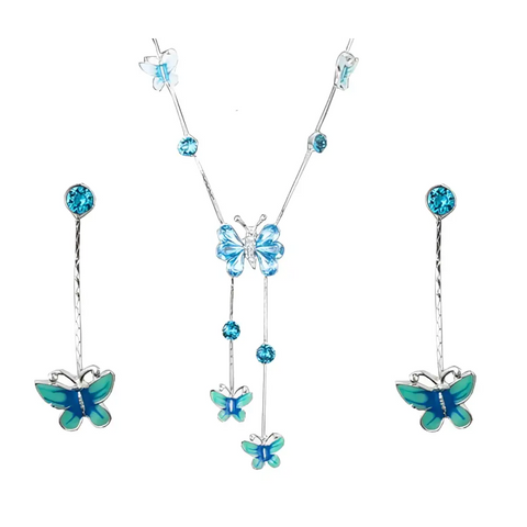 Butterfly necklace and earrings set with turquoise crystals, symbol of transformation