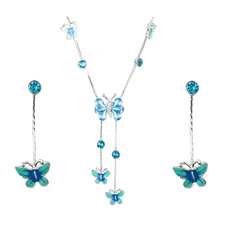 Butterfly necklace and earrings set with turquoise crystals, symbol of transformation