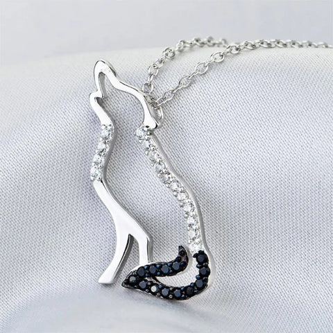 Silver fox cat pendant necklace with blue rhinestones, symbol of love