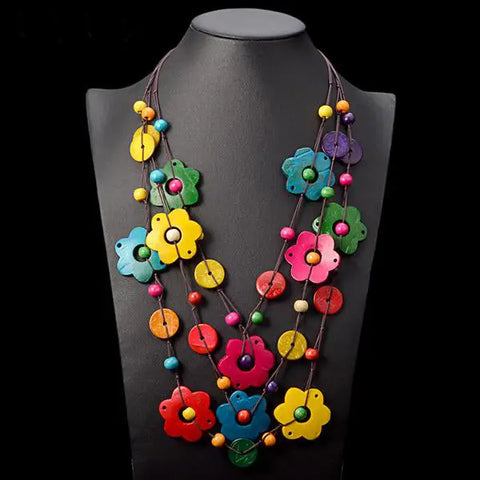 Colorful Wood Flower Necklace