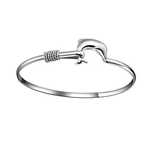 Silver Dolphin Bracelet bangle with textured clasp, polished finish, symbol of love by Helping Animals At Risk