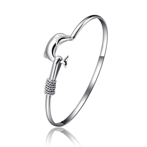Silver Dolphin Bracelet bangle with woven tail accent, symbol of love