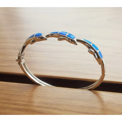 Silver Dolphin Bangle Bracelet with Blue Opal Stones - Protection Symbol