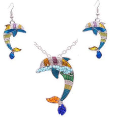 Colorful Dolphin Jewelry Set pendant and earrings with enamel, rhinestones
