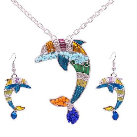 Colorful beaded dolphin necklace set with silver chain and matching earrings