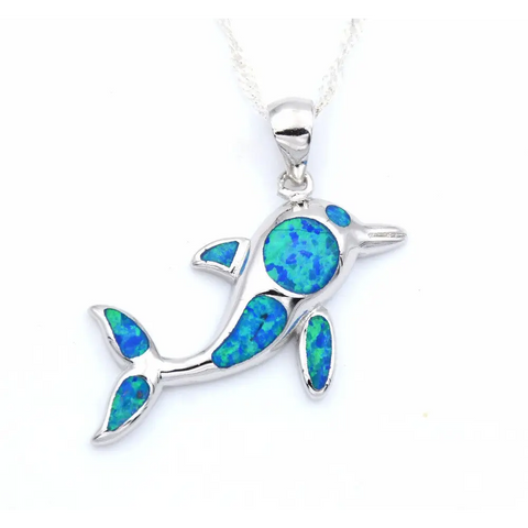Silver dolphin pendant with blue green opal inlays, protection symbol