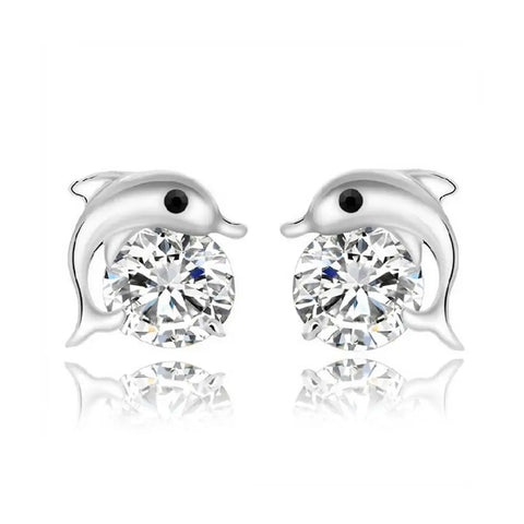 Silver dolphin stud earrings with clear faceted gem and black eyes
