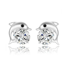 Silver dolphin stud earrings with clear faceted gem and black eyes