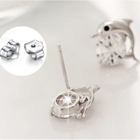 Silver dolphin stud earrings with crystal center, 925 sterling silver, protection symbol