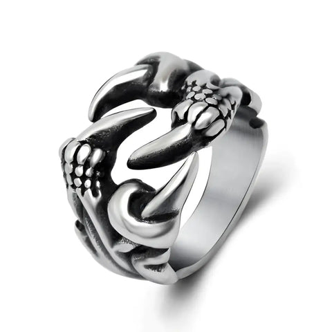 Silver dragon claws and scales stainless steel ring symbol of strength