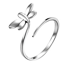 Silver dragonfly adjustable ring with polished finish and wing details